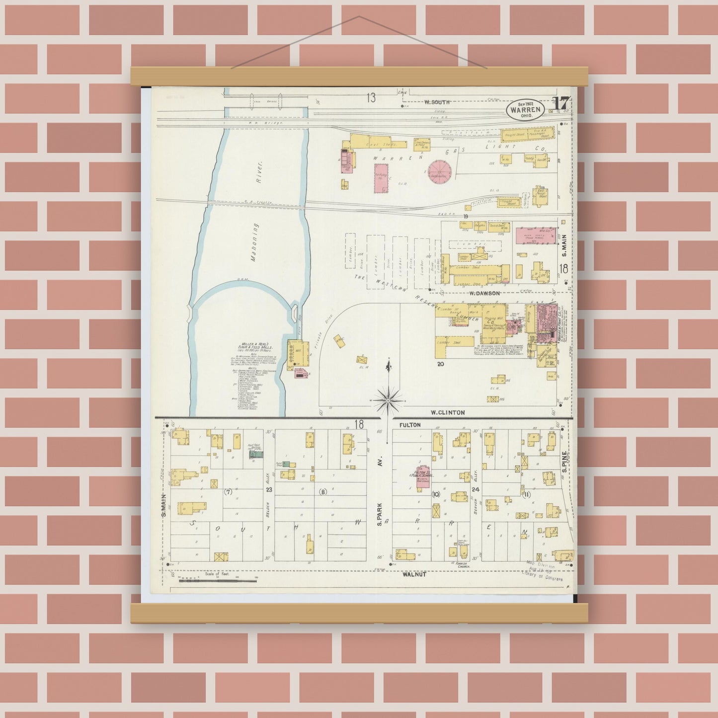 Old map wall art mockup — magnetic wood frame on brick wall — Sanborn Fire Insurance Map from Warren, Trumbull County, Ohio (1902), Sheet #0017
