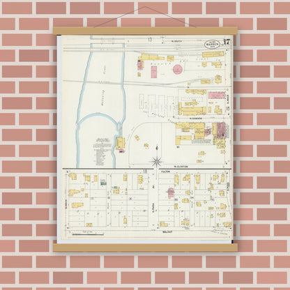 Old map wall art mockup — magnetic wood frame on brick wall — Sanborn Fire Insurance Map from Warren, Trumbull County, Ohio (1902), Sheet #0017
