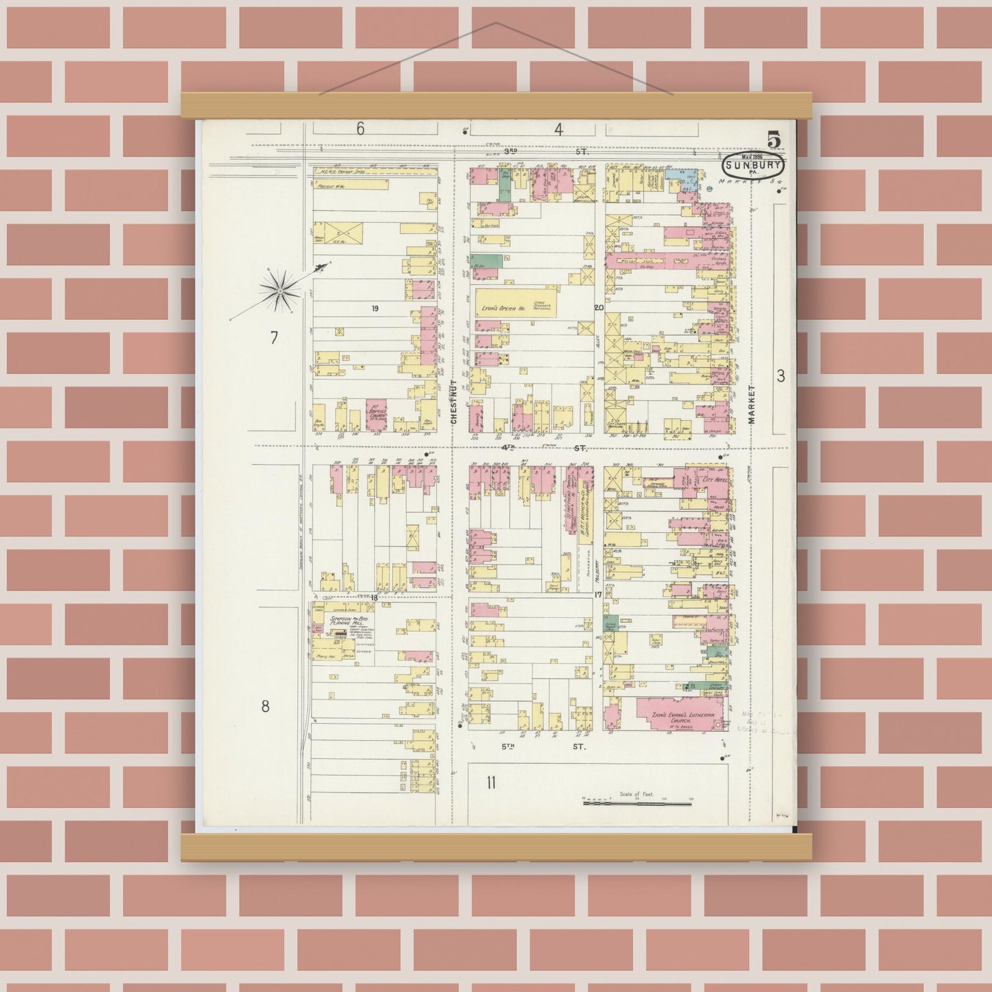 Old map wall art mockup — magnetic wood frame on brick wall — Sanborn Fire Insurance Map from Sunbury, Northumberland County, Pennsylvania (1896), Sheet #0005