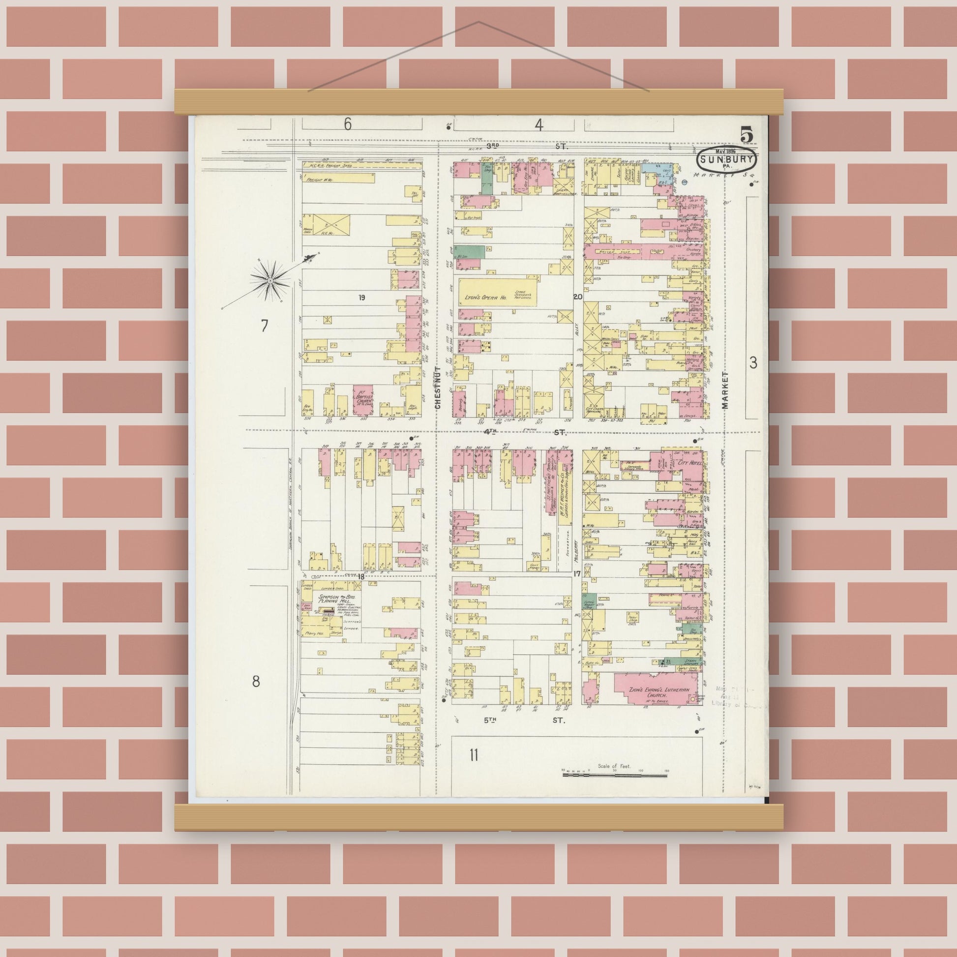 Old map wall art mockup — magnetic wood frame on brick wall — Sanborn Fire Insurance Map from Sunbury, Northumberland County, Pennsylvania (1896), Sheet #0005