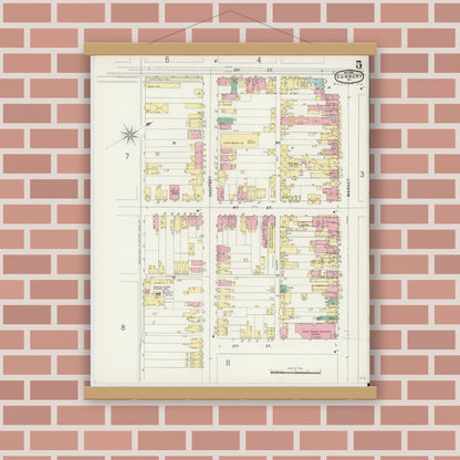 Old map wall art mockup — magnetic wood frame on brick wall — Sanborn Fire Insurance Map from Sunbury, Northumberland County, Pennsylvania (1896), Sheet #0005