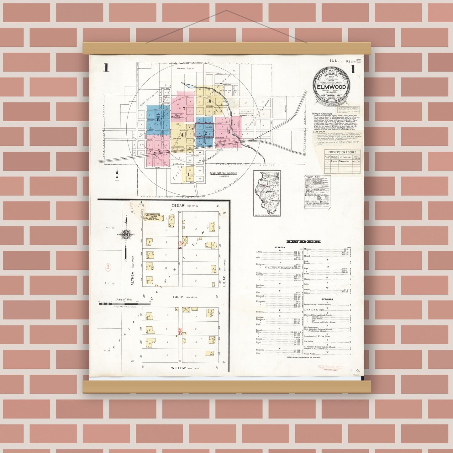 Old map wall art mockup — magnetic wood frame on brick wall — Sanborn Fire Insurance Map from Elmwood, Peoria County, Illinois (1944) - Complete Map Set