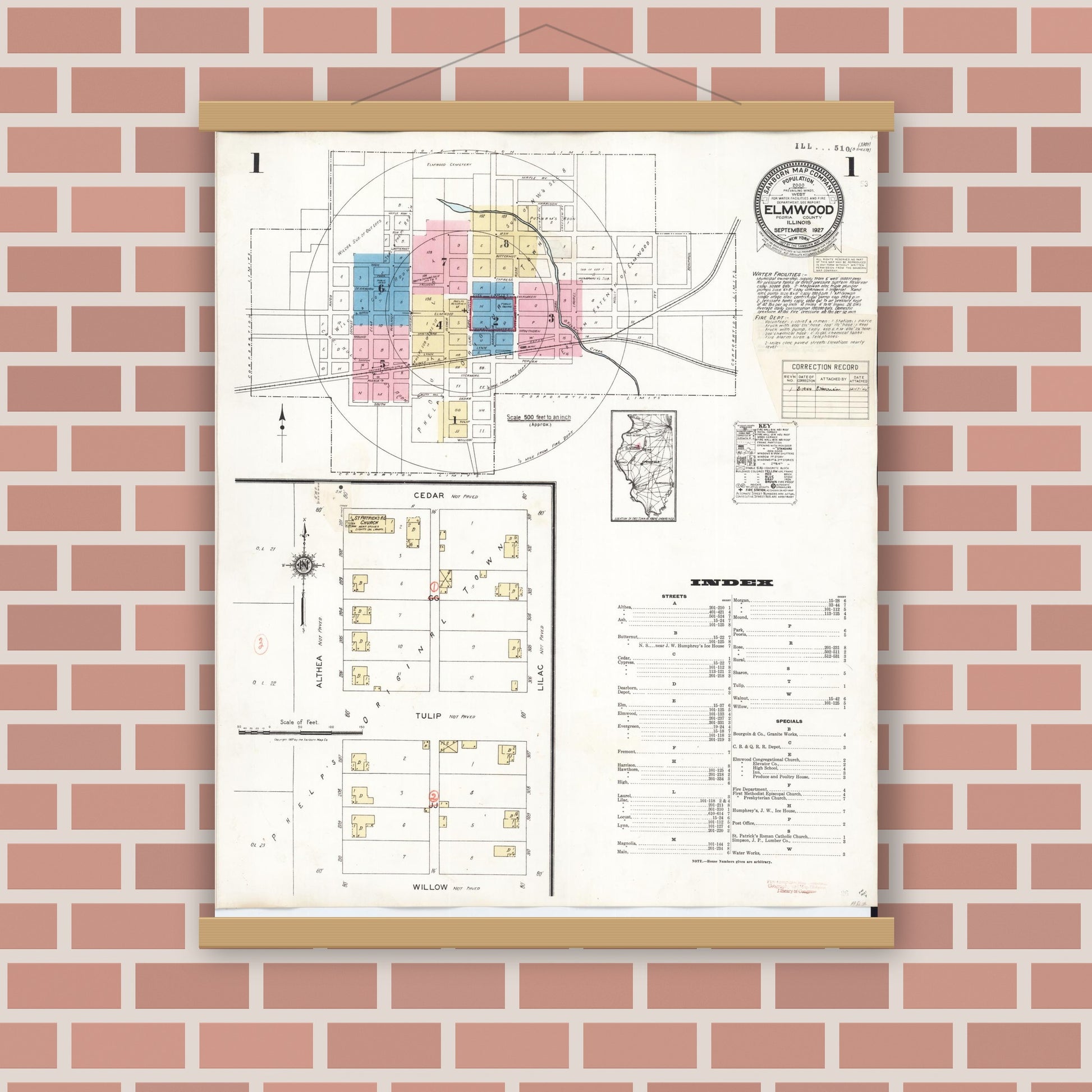 Old map wall art mockup — magnetic wood frame on brick wall — Sanborn Fire Insurance Map from Elmwood, Peoria County, Illinois (1944) - Complete Map Set