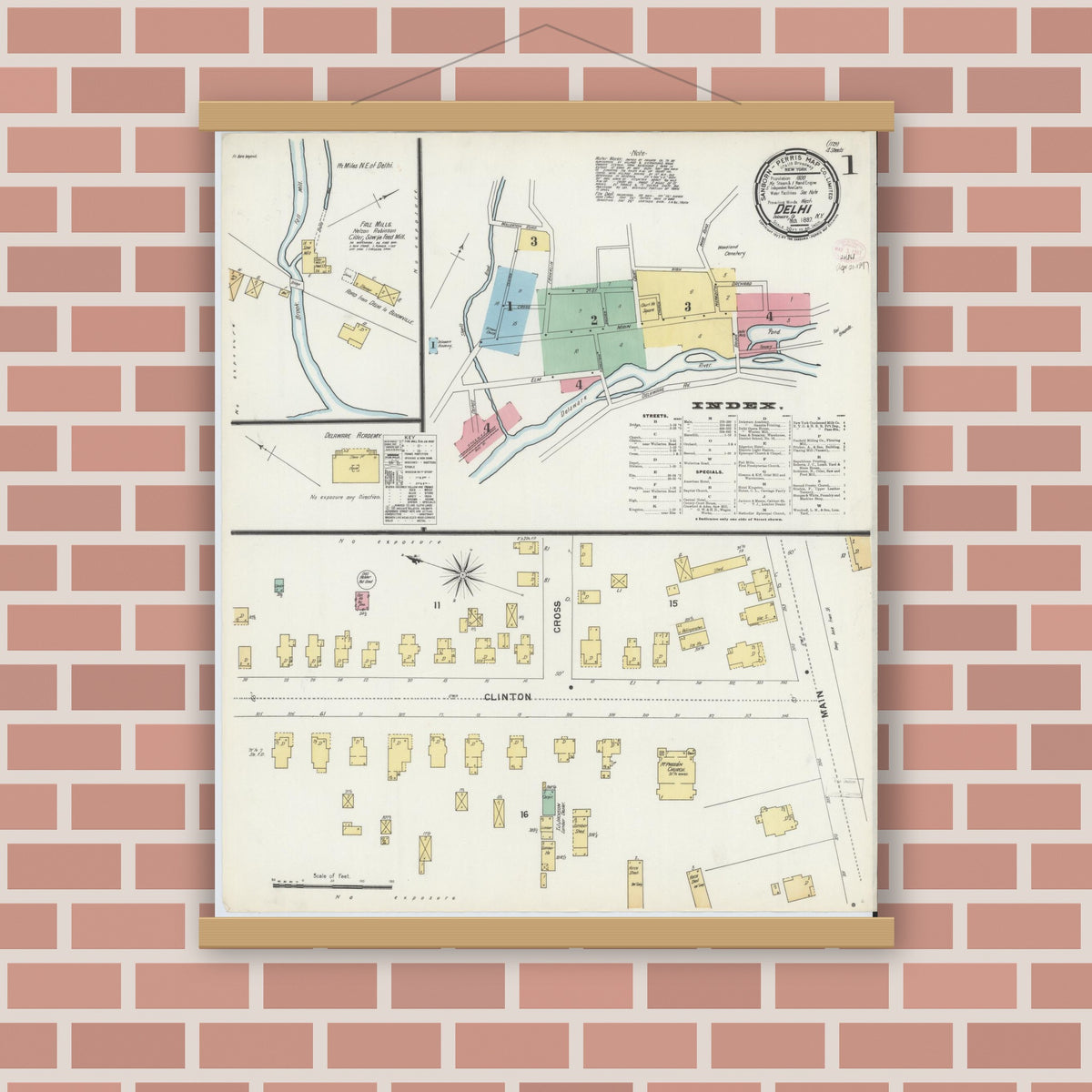 Old map wall art mockup — magnetic wood frame on brick wall — Sanborn Fire Insurance Map from Delhi, Delaware County, New York (1897) - Complete Map Set