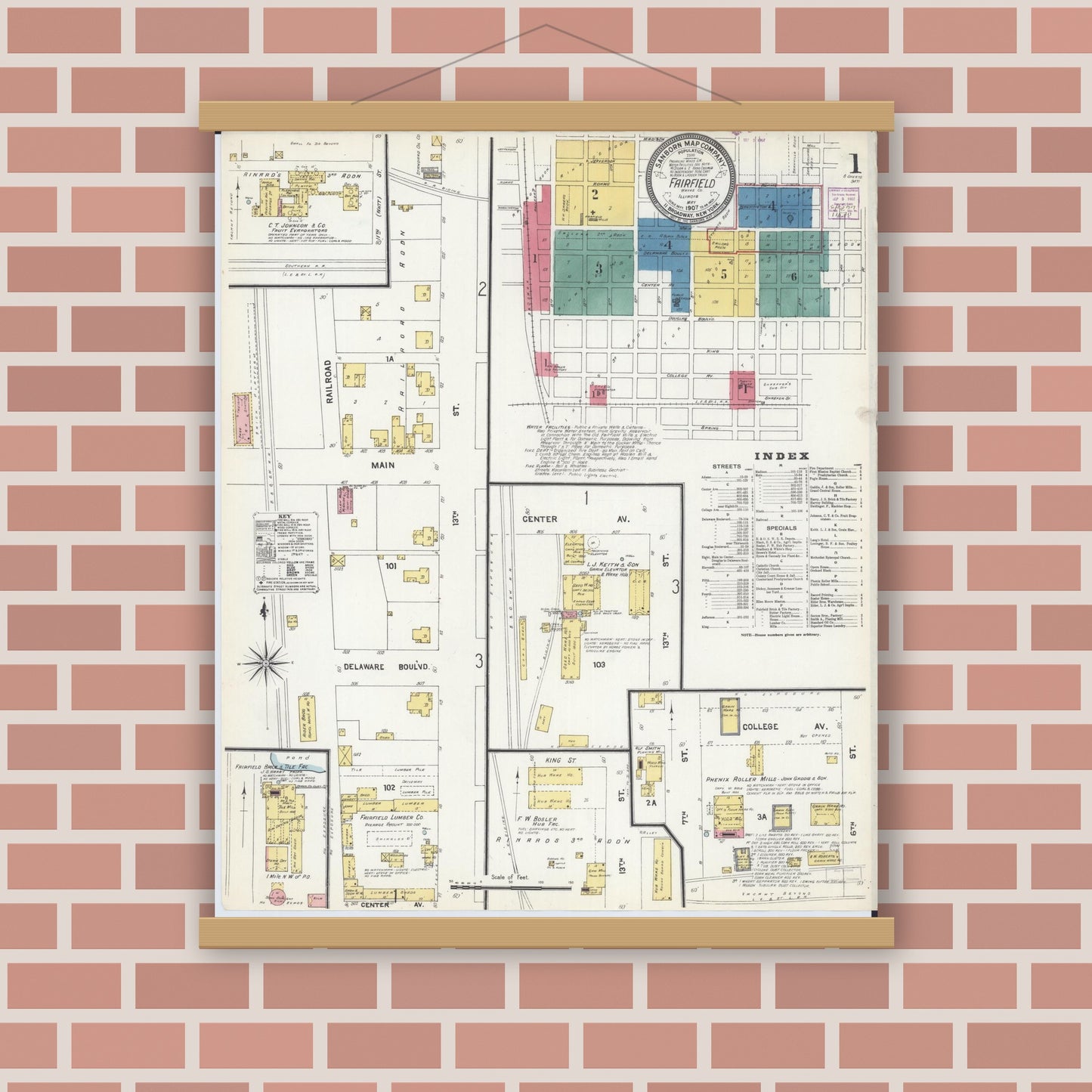 Old map wall art mockup — magnetic wood frame on brick wall — Sanborn Fire Insurance Map from Fairfield, Wayne County, Illinois (1907) - Complete Map Set