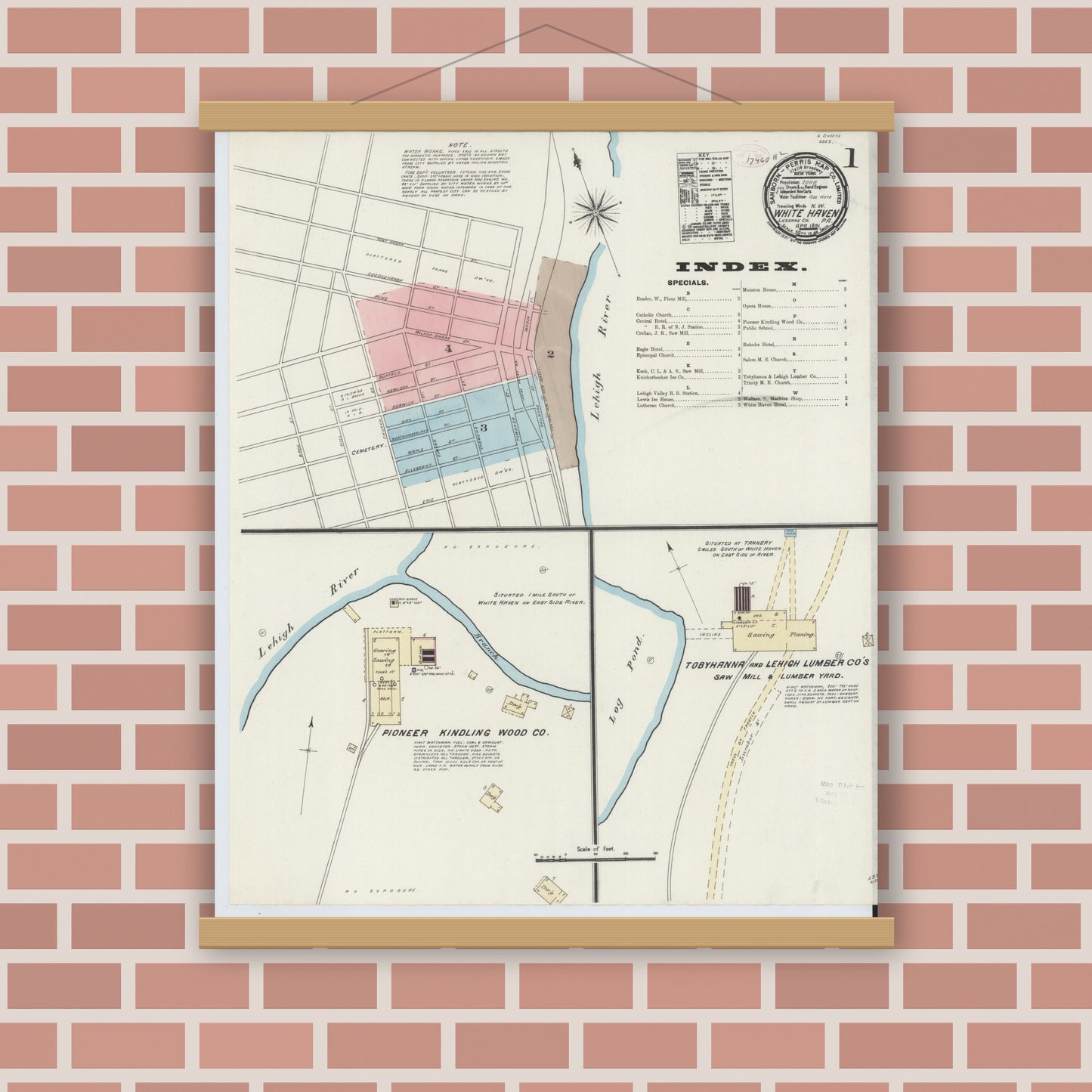 Old map wall art mockup — magnetic wood frame on brick wall — Sanborn Fire Insurance Map from White Haven, Luzerne County, Pennsylvania (1891) - Complete Map Set