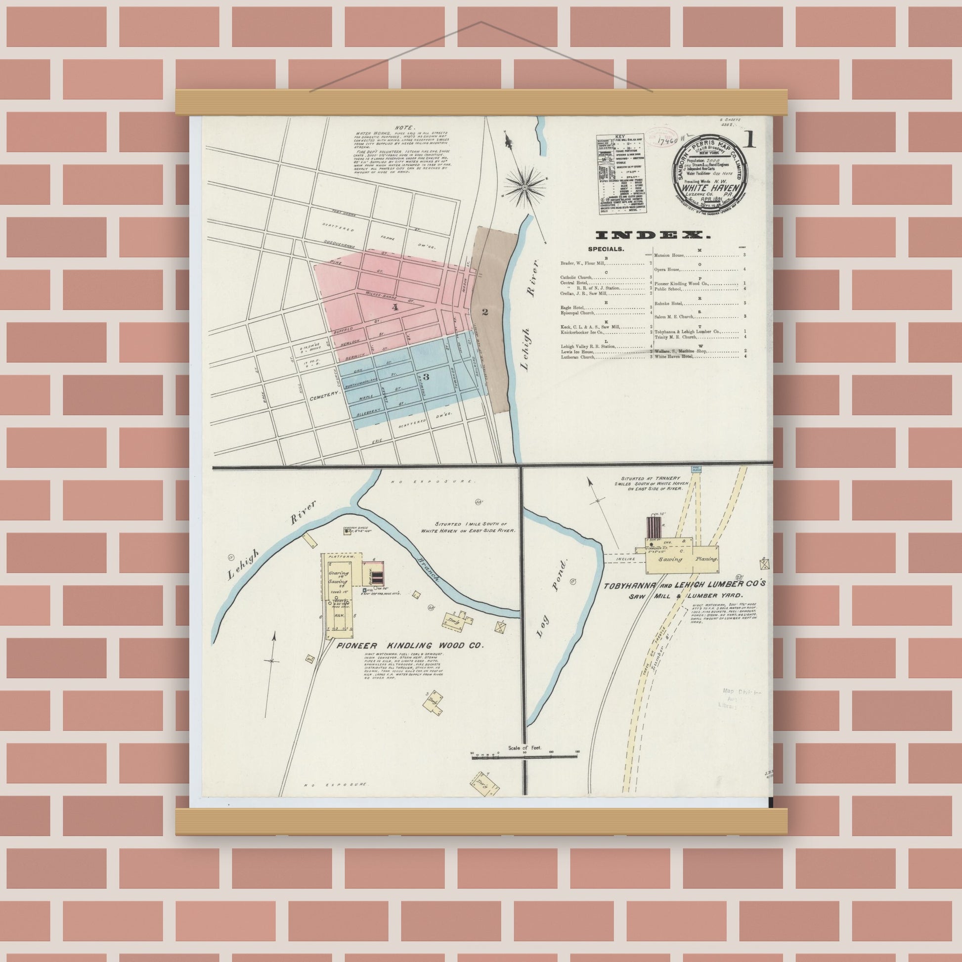 Old map wall art mockup — magnetic wood frame on brick wall — Sanborn Fire Insurance Map from White Haven, Luzerne County, Pennsylvania (1891) - Complete Map Set