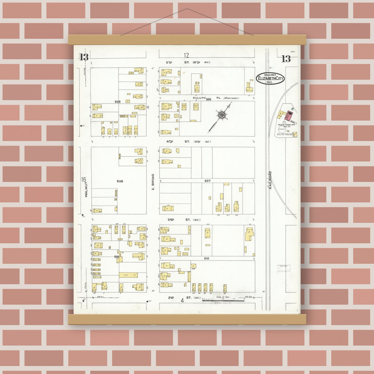Old map wall art mockup — magnetic wood frame on brick wall — Sanborn Fire Insurance Map from Elizabeth City, Pasquotank County, North Carolina (1923), Sheet #0013