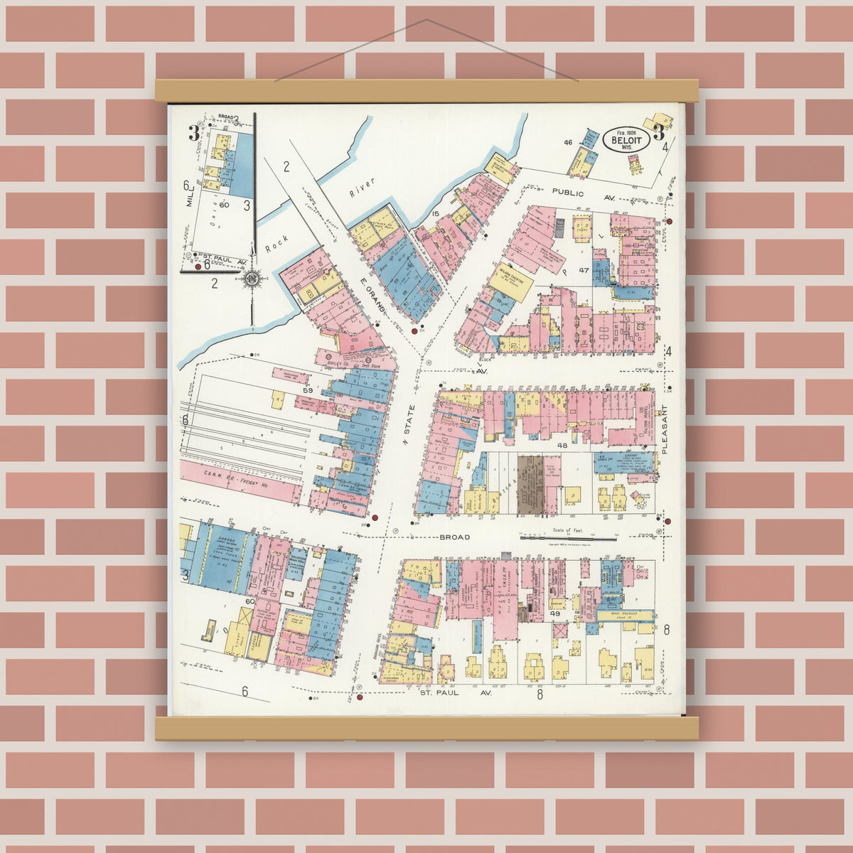 Old map wall art mockup — magnetic wood frame on brick wall — Sanborn Fire Insurance Map from Beloit, Rock County, Wisconsin (1926), Sheet #0003