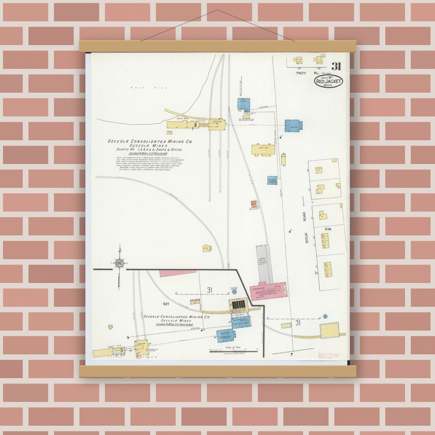 Old map wall art mockup — magnetic wood frame on brick wall — Sanborn Fire Insurance Map from Red Jacket, Houghton County, Michigan (1917), Sheet #0031
