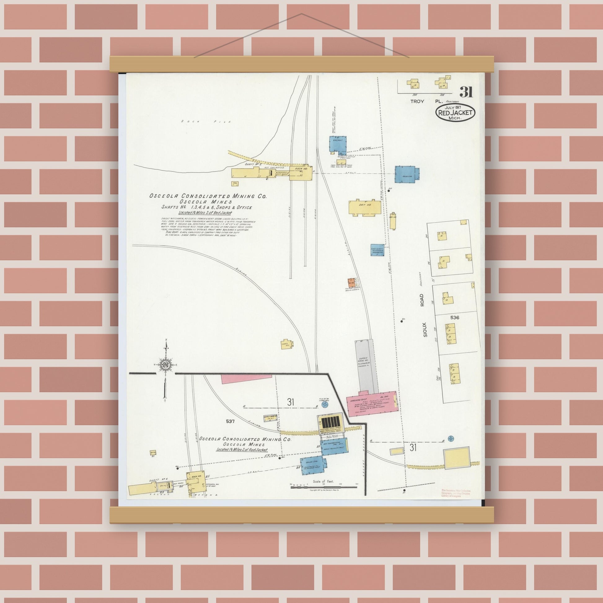 Old map wall art mockup — magnetic wood frame on brick wall — Sanborn Fire Insurance Map from Red Jacket, Houghton County, Michigan (1917), Sheet #0031