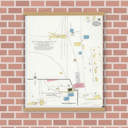 Old map wall art mockup — magnetic wood frame on brick wall — Sanborn Fire Insurance Map from Red Jacket, Houghton County, Michigan (1917), Sheet #0031