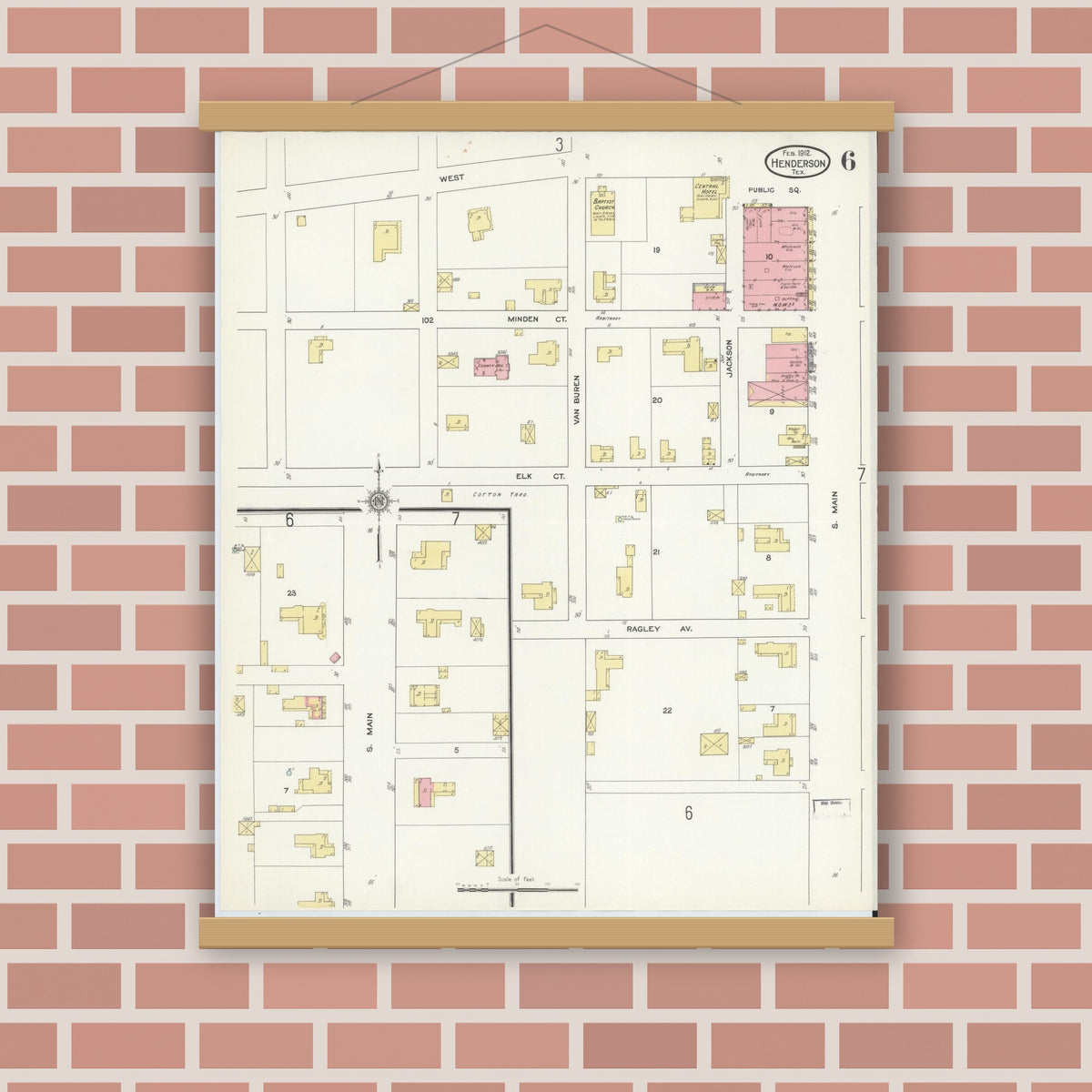 Old map wall art mockup — magnetic wood frame on brick wall — Sanborn Fire Insurance Map from Henderson, Rusk County, Texas (1912), Sheet #0006