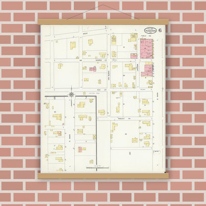 Old map wall art mockup — magnetic wood frame on brick wall — Sanborn Fire Insurance Map from Henderson, Rusk County, Texas (1912), Sheet #0006