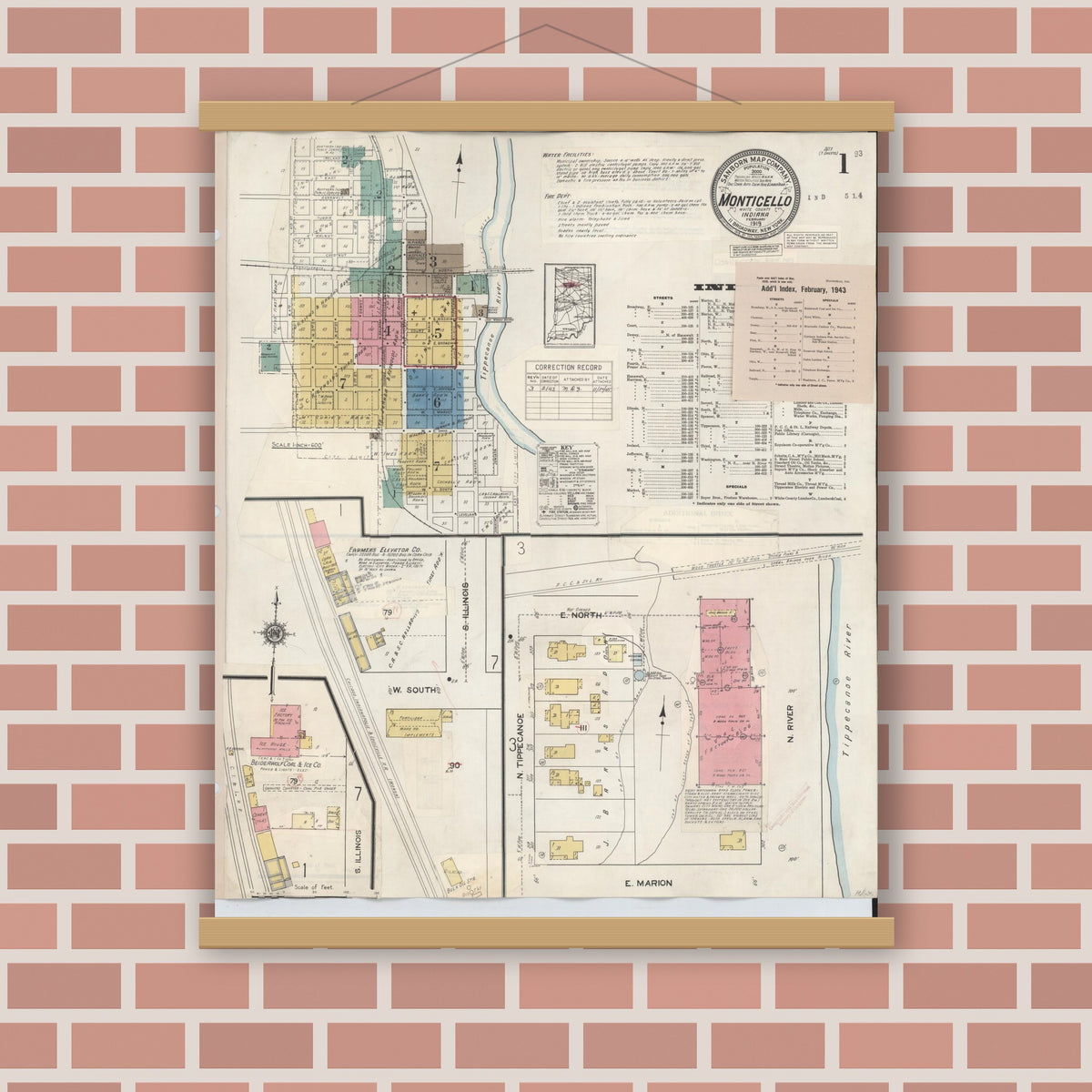 Old map wall art mockup — magnetic wood frame on brick wall — Sanborn Fire Insurance Map from Monticello, White County, Indiana (1943), Sheet #0001