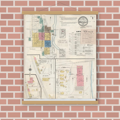 Old map wall art mockup — magnetic wood frame on brick wall — Sanborn Fire Insurance Map from Monticello, White County, Indiana (1943), Sheet #0001