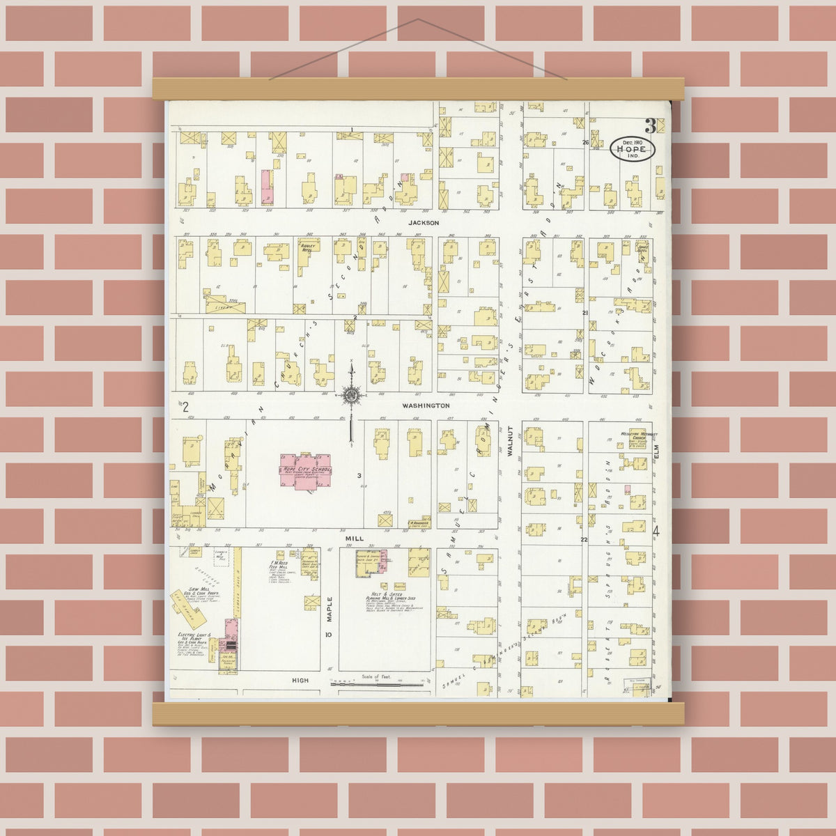 Old map wall art mockup — magnetic wood frame on brick wall — Sanborn Fire Insurance Map from Hope, Bartholomew County, Indiana (1910), Sheet #0003