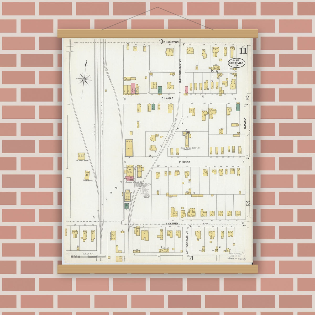 Old map wall art mockup — magnetic wood frame on brick wall — Sanborn Fire Insurance Map from Sherman, Grayson County, Texas (1902), Sheet #0011