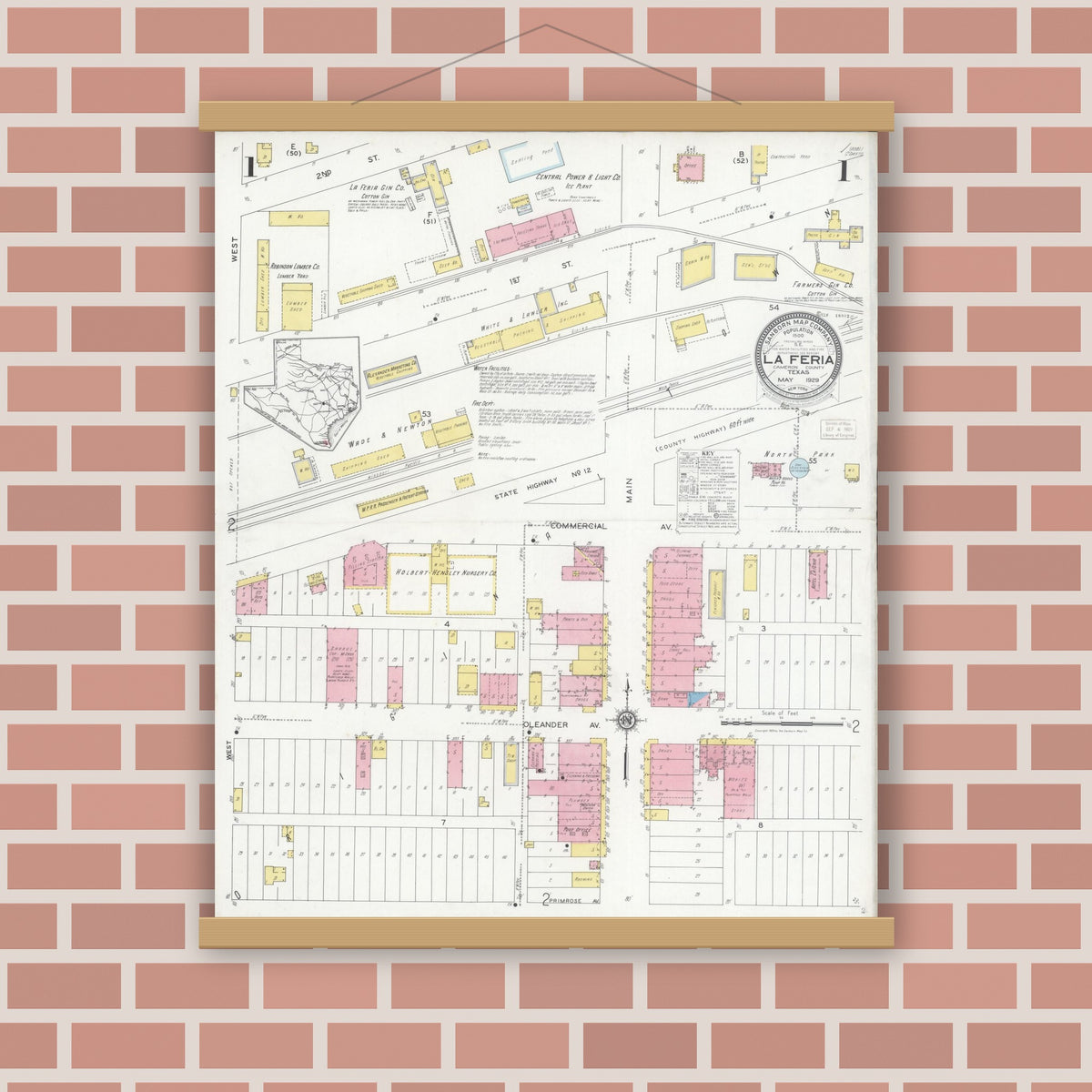 Old map wall art mockup — magnetic wood frame on brick wall — Sanborn Fire Insurance Map from La Feria, Cameron County, Texas (1929) - Complete Map Set