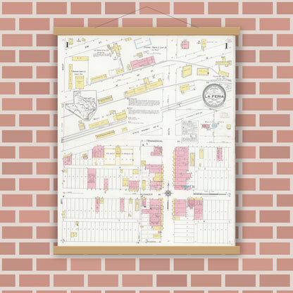 Old map wall art mockup — magnetic wood frame on brick wall — Sanborn Fire Insurance Map from La Feria, Cameron County, Texas (1929) - Complete Map Set