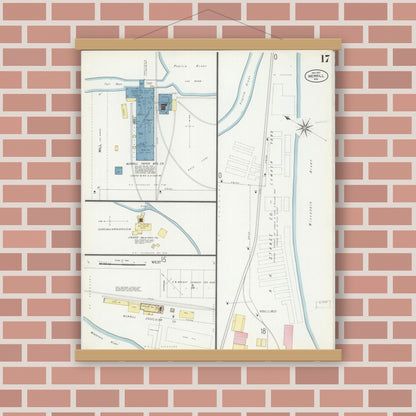 Old map wall art mockup — magnetic wood frame on brick wall — Sanborn Fire Insurance Map from Merrill, Lincoln County, Wisconsin (1907), Sheet #0017