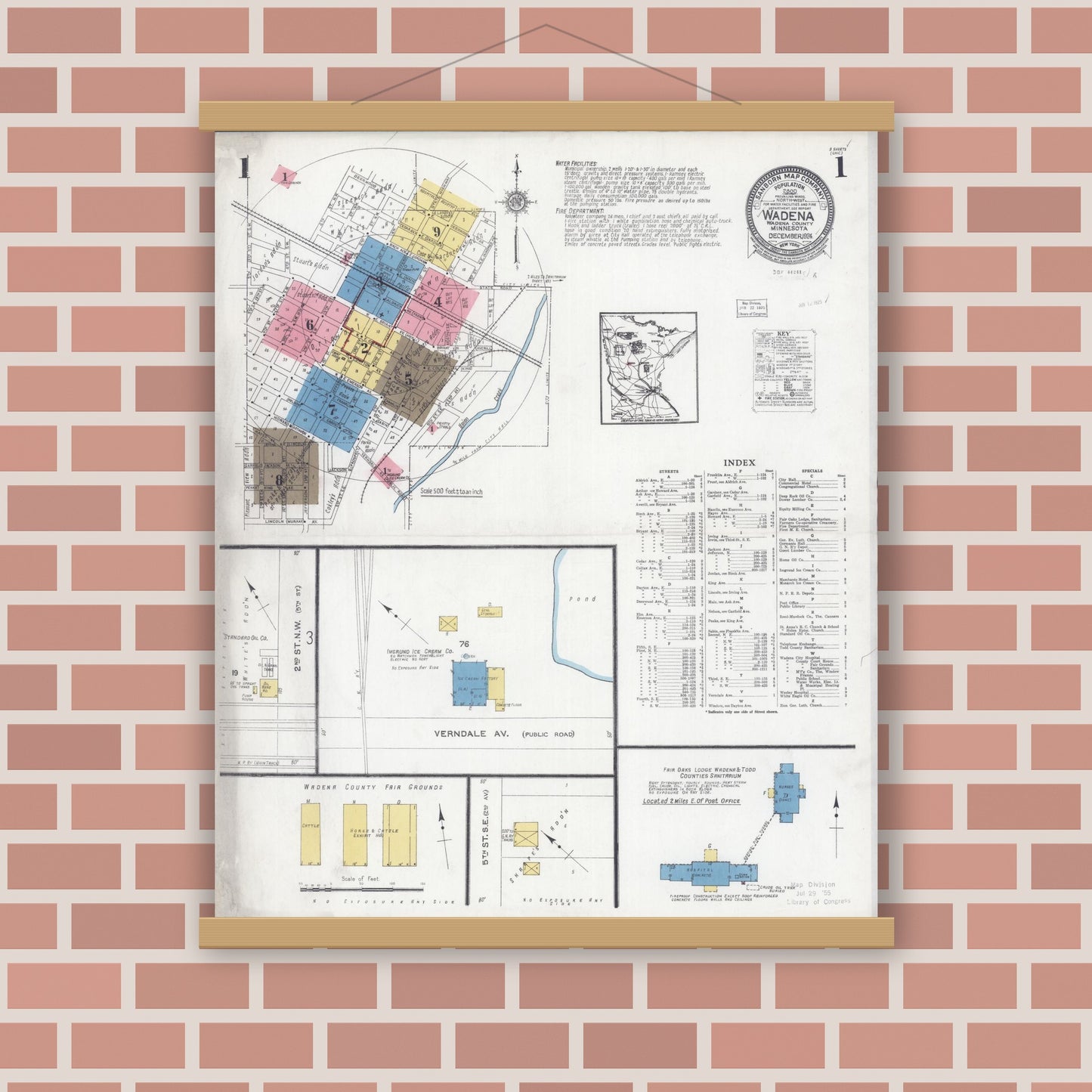 Old map wall art mockup — magnetic wood frame on brick wall — Sanborn Fire Insurance Map from Wadena, Wadena County, Minnesota (1924) - Complete Map Set