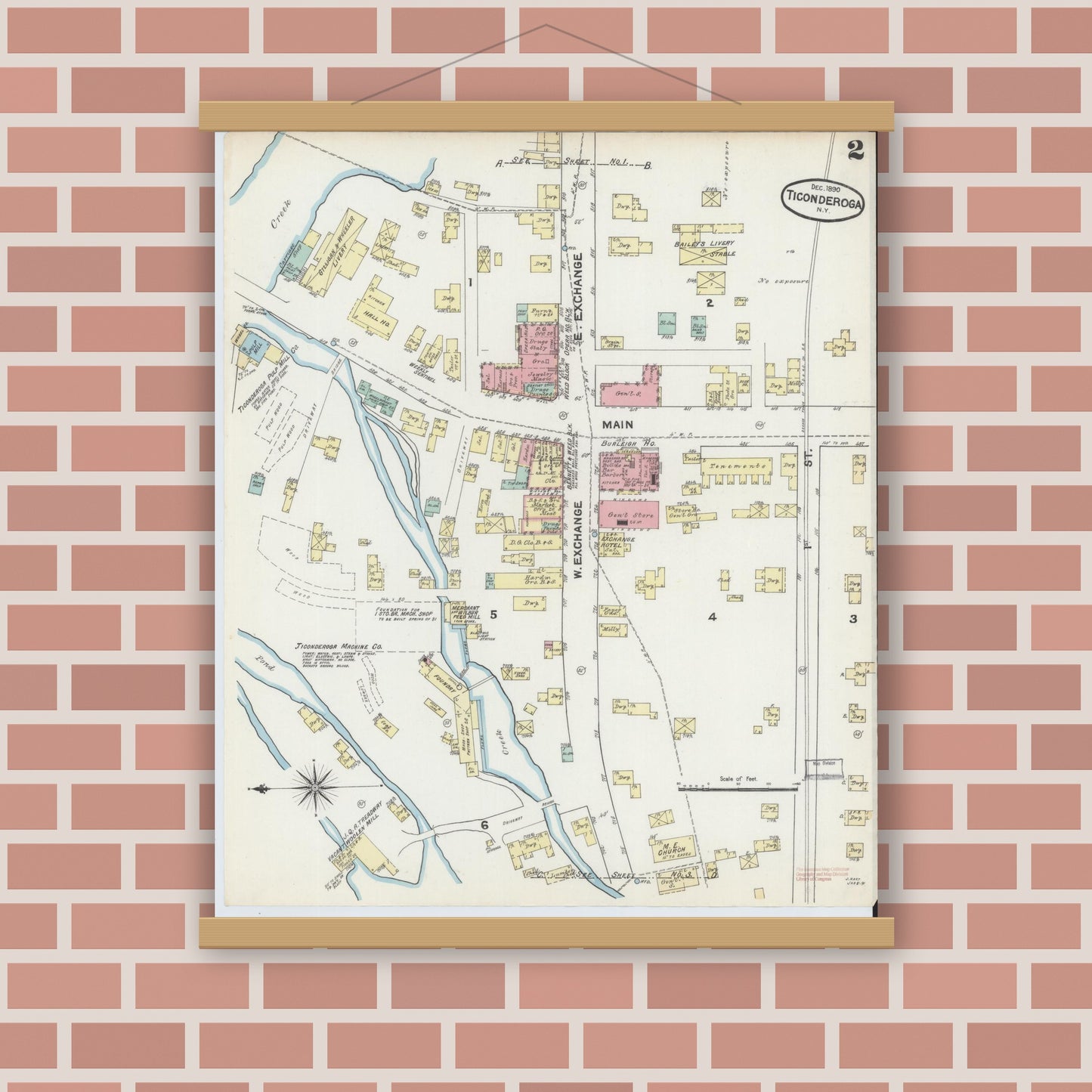 Old map wall art mockup — magnetic wood frame on brick wall — Sanborn Fire Insurance Map from Ticonderoga, Essex County, New York (1890), Sheet #0002