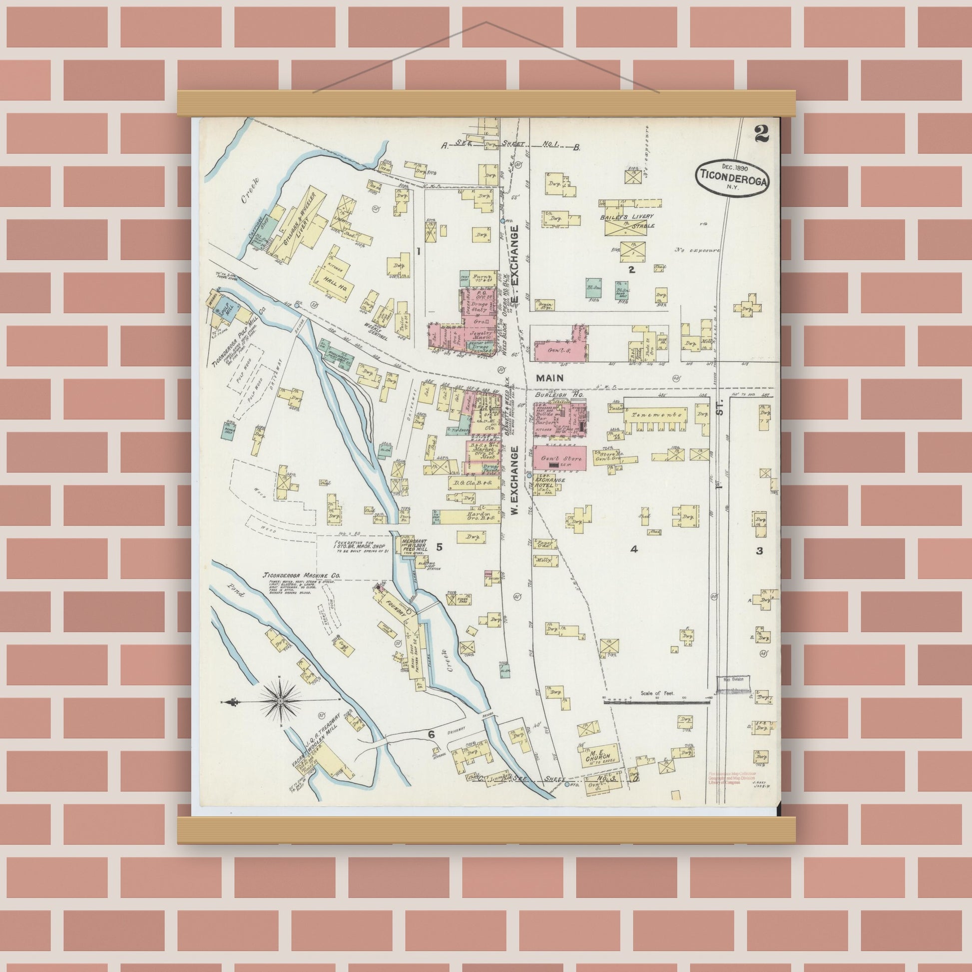 Old map wall art mockup — magnetic wood frame on brick wall — Sanborn Fire Insurance Map from Ticonderoga, Essex County, New York (1890), Sheet #0002