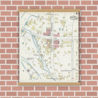 Old map wall art mockup — magnetic wood frame on brick wall — Sanborn Fire Insurance Map from Ticonderoga, Essex County, New York (1890), Sheet #0002
