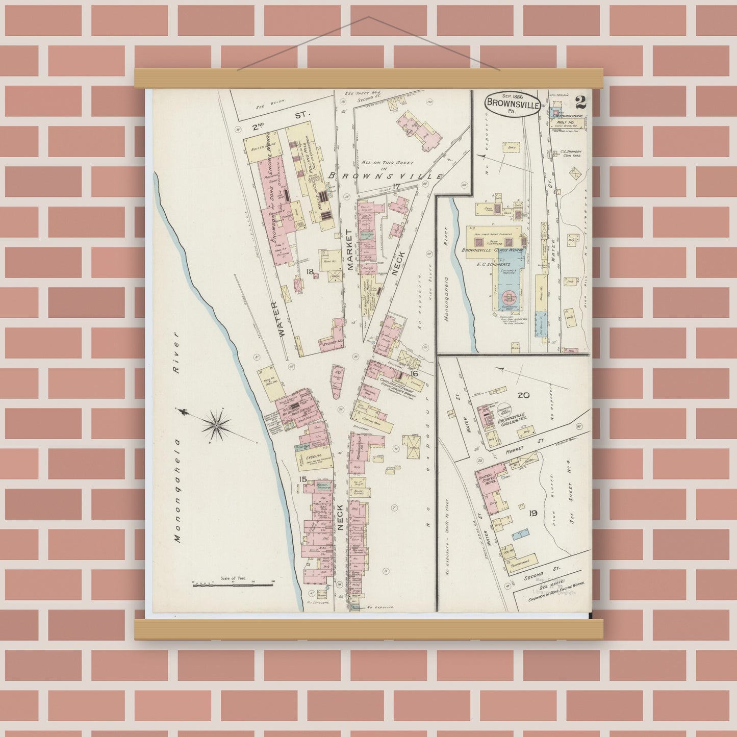 Old map wall art mockup — magnetic wood frame on brick wall — Sanborn Fire Insurance Map from Brownsville, Fayette County, Pennsylvania (1886), Sheet #0002