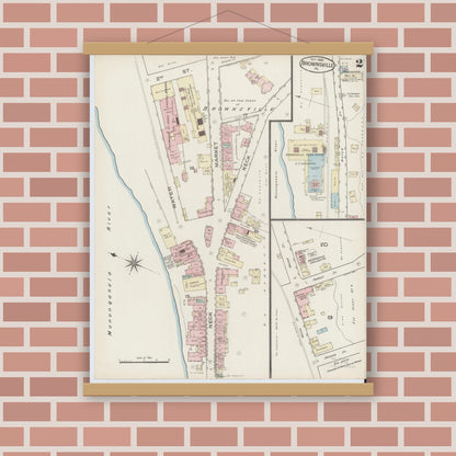 Old map wall art mockup — magnetic wood frame on brick wall — Sanborn Fire Insurance Map from Brownsville, Fayette County, Pennsylvania (1886), Sheet #0002
