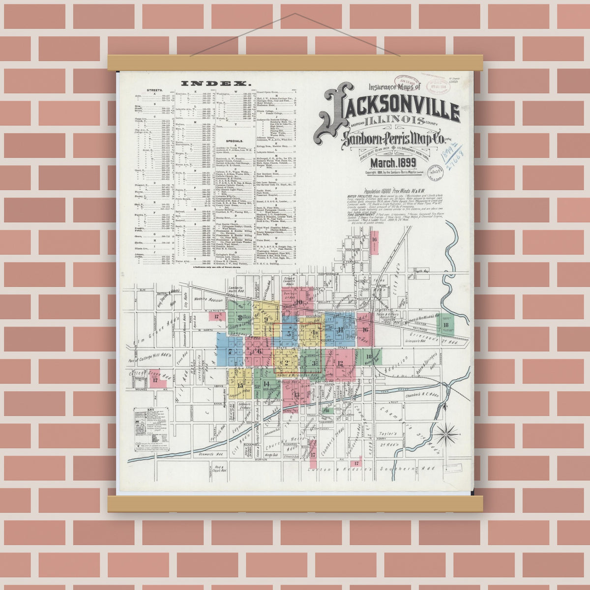Old map wall art mockup — magnetic wood frame on brick wall — Sanborn Fire Insurance Map from Jacksonville, Morgan County, Illinois (1899), Sheet #0001