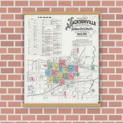 Old map wall art mockup — magnetic wood frame on brick wall — Sanborn Fire Insurance Map from Jacksonville, Morgan County, Illinois (1899), Sheet #0001