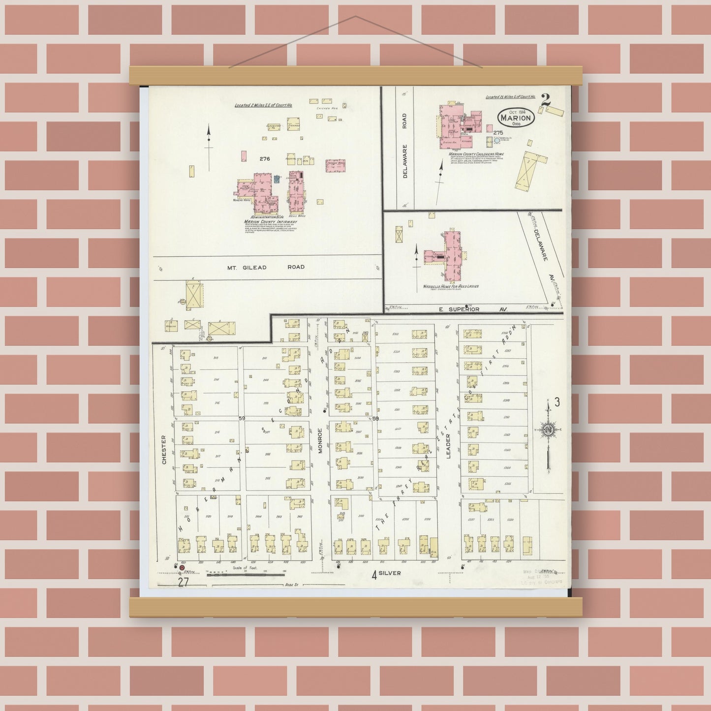 Old map wall art mockup — magnetic wood frame on brick wall — Sanborn Fire Insurance Map from Marion, Marion County, Ohio (1914), Sheet #0002