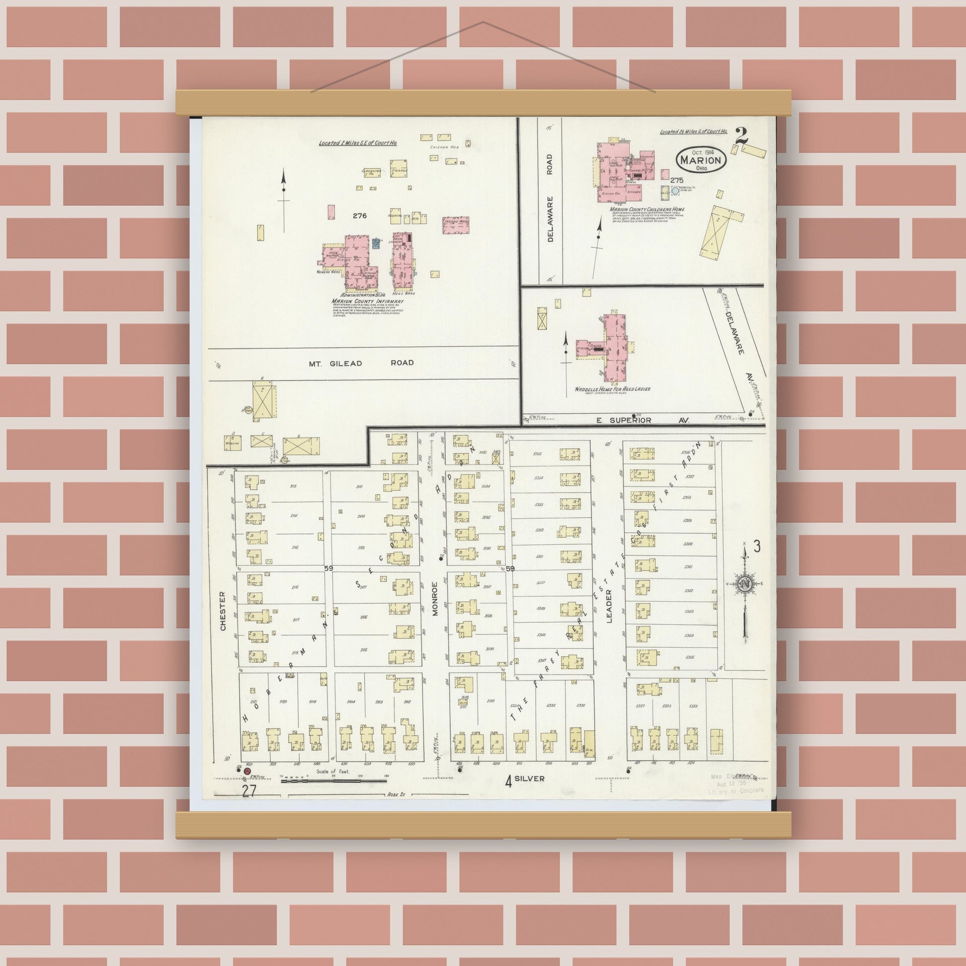 Old map wall art mockup — magnetic wood frame on brick wall — Sanborn Fire Insurance Map from Marion, Marion County, Ohio (1914), Sheet #0002