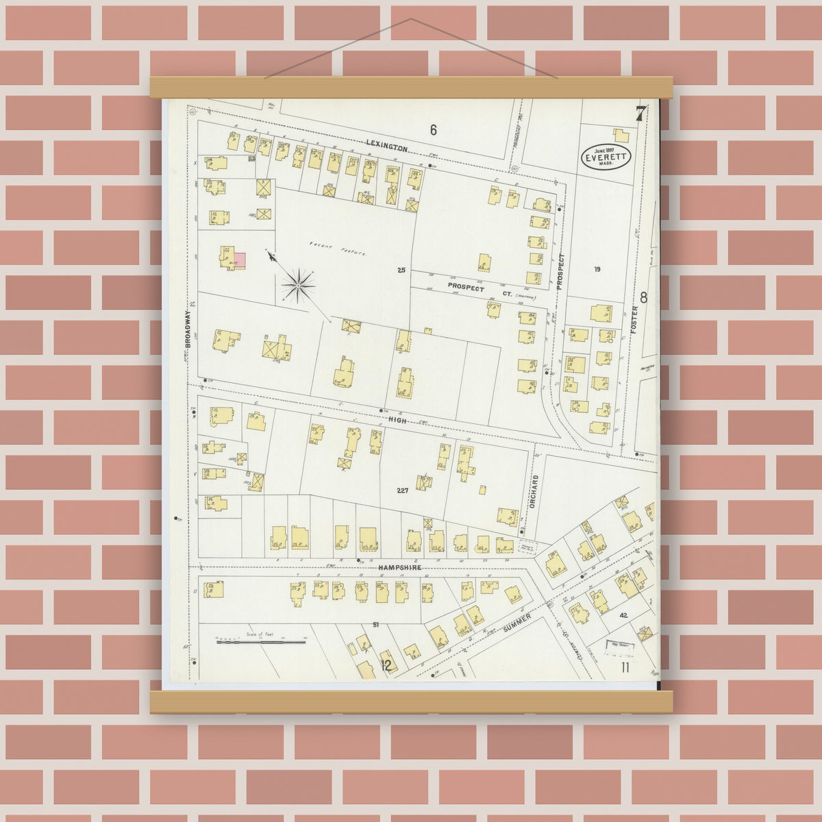 Old map wall art mockup — magnetic wood frame on brick wall — Sanborn Fire Insurance Map from Everett, Middlesex County, Massachusetts (1897), Sheet #0007