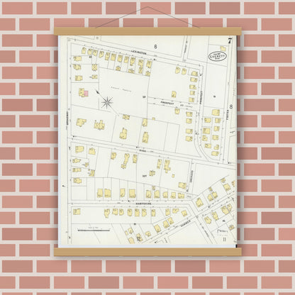 Old map wall art mockup — magnetic wood frame on brick wall — Sanborn Fire Insurance Map from Everett, Middlesex County, Massachusetts (1897), Sheet #0007