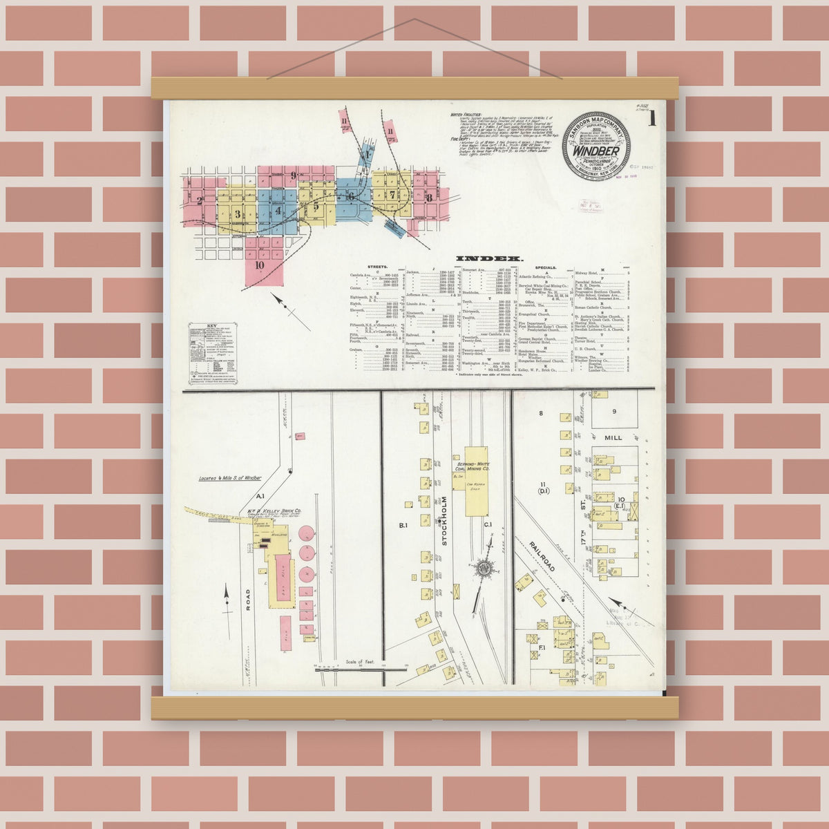 Old map wall art mockup — magnetic wood frame on brick wall — Sanborn Fire Insurance Map from Windber, Somerset County, Pennsylvania (1910) - Complete Map Set