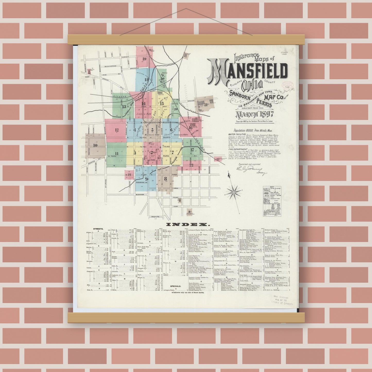 Old map wall art mockup — magnetic wood frame on brick wall — Sanborn Fire Insurance Map from Mansfield, Richland County, Ohio (1897), Sheet #0001