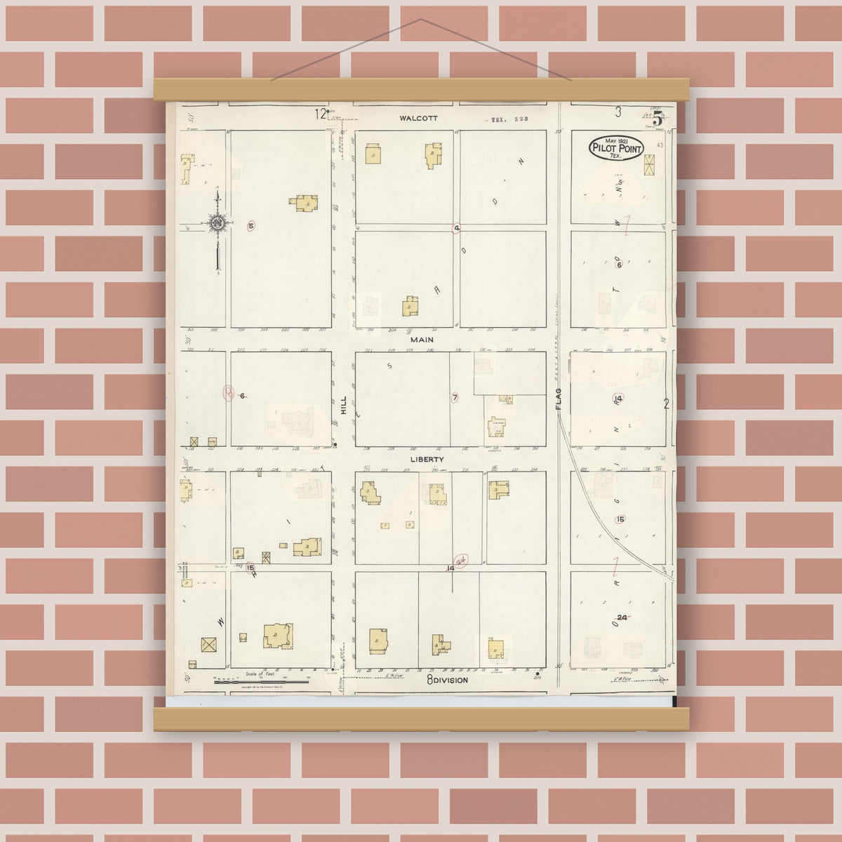 Old map wall art mockup — magnetic wood frame on brick wall — Sanborn Fire Insurance Map from Pilot Point, Denton County, Texas (1940), Sheet #0005