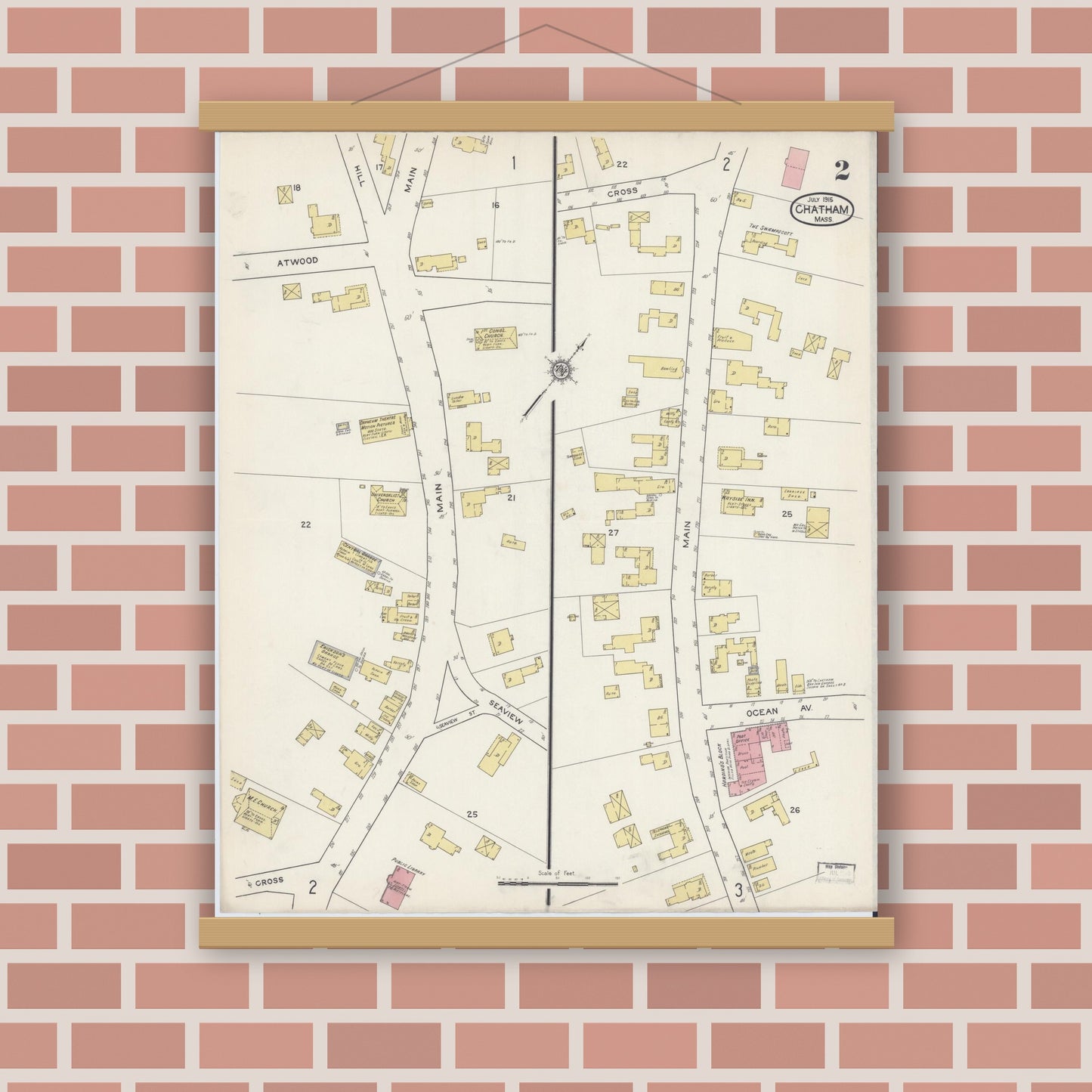 Old map wall art mockup — magnetic wood frame on brick wall — Sanborn Fire Insurance Map from Chatham, Barnstable County, Massachusetts (1915), Sheet #0002