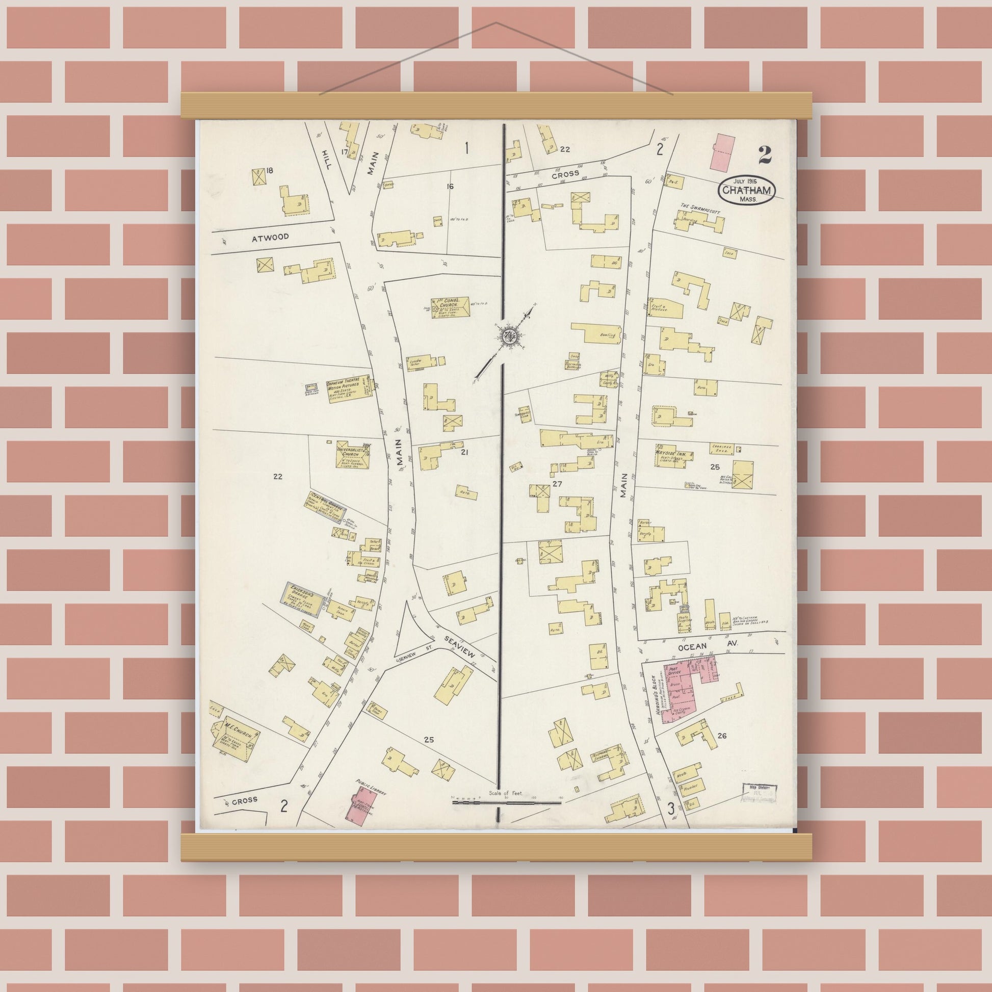 Old map wall art mockup — magnetic wood frame on brick wall — Sanborn Fire Insurance Map from Chatham, Barnstable County, Massachusetts (1915), Sheet #0002