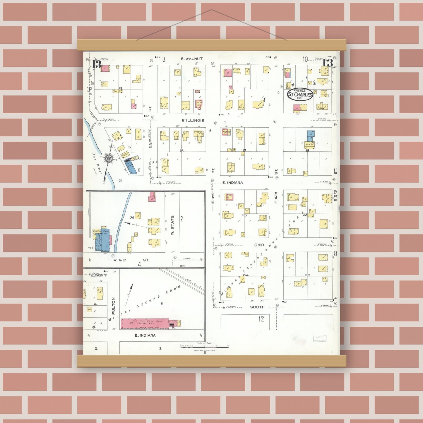 Old map wall art mockup — magnetic wood frame on brick wall — Sanborn Fire Insurance Map from Saint Charles, Kane County, Illinois (1923), Sheet #0013