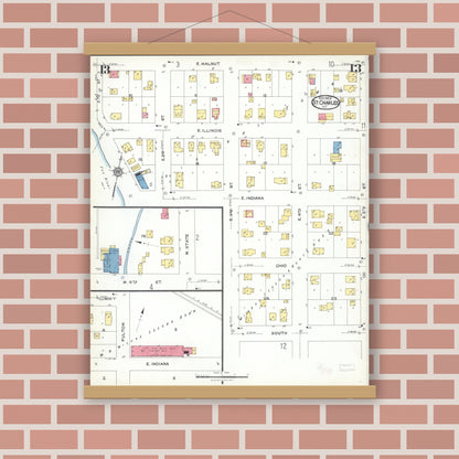 Old map wall art mockup — magnetic wood frame on brick wall — Sanborn Fire Insurance Map from Saint Charles, Kane County, Illinois (1923), Sheet #0013