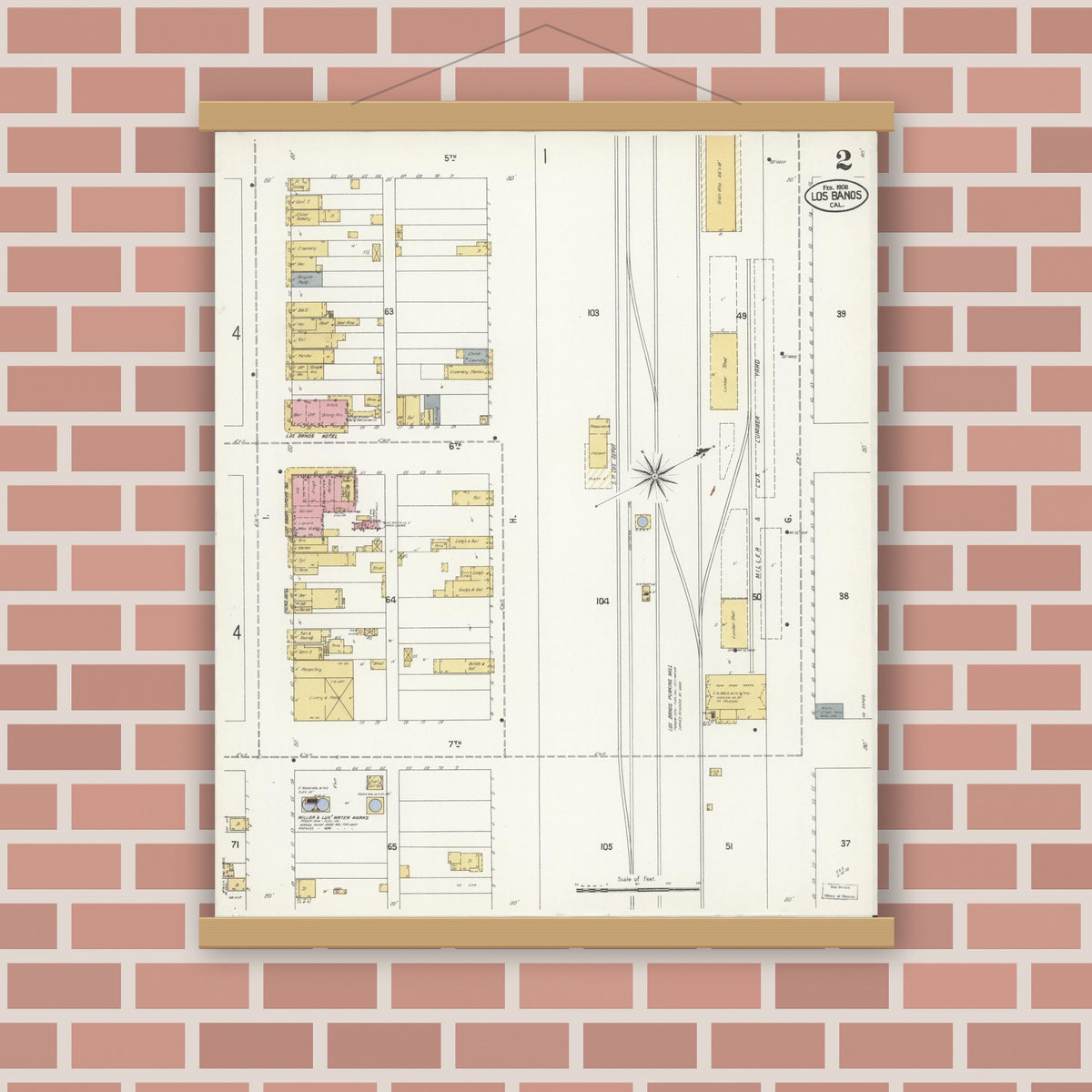Old map wall art mockup — magnetic wood frame on brick wall — Sanborn Fire Insurance Map from Los Banos, Merced County, California (1908), Sheet #0002