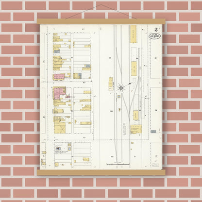 Old map wall art mockup — magnetic wood frame on brick wall — Sanborn Fire Insurance Map from Los Banos, Merced County, California (1908), Sheet #0002
