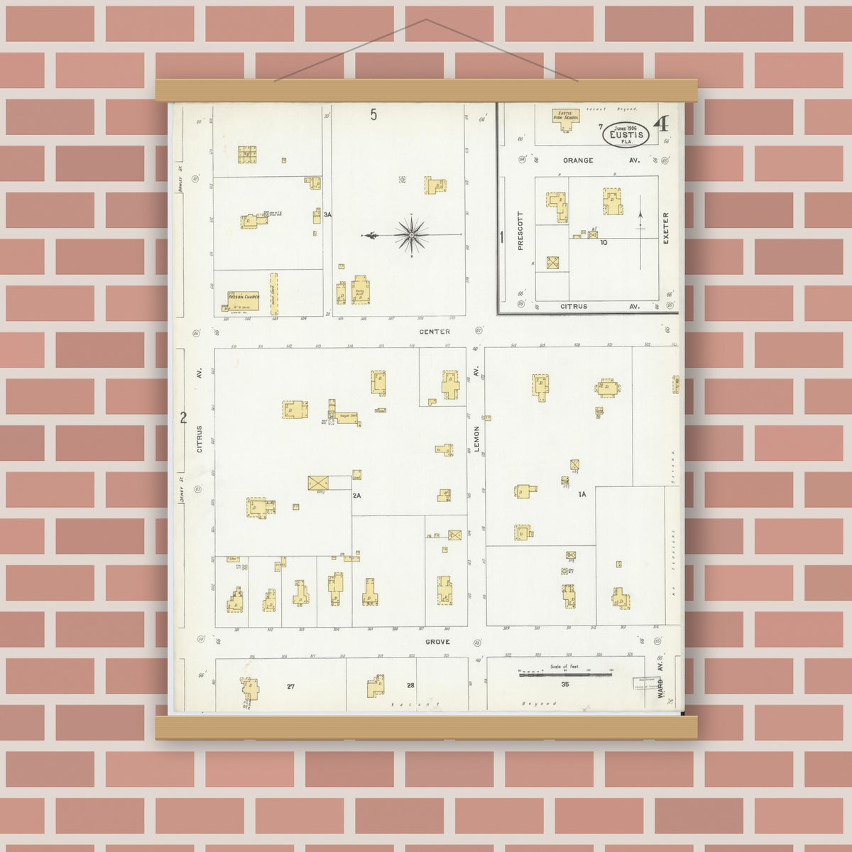 Old map wall art mockup — magnetic wood frame on brick wall — Sanborn Fire Insurance Map from Eustis, Lake County, Florida (1906), Sheet #0004