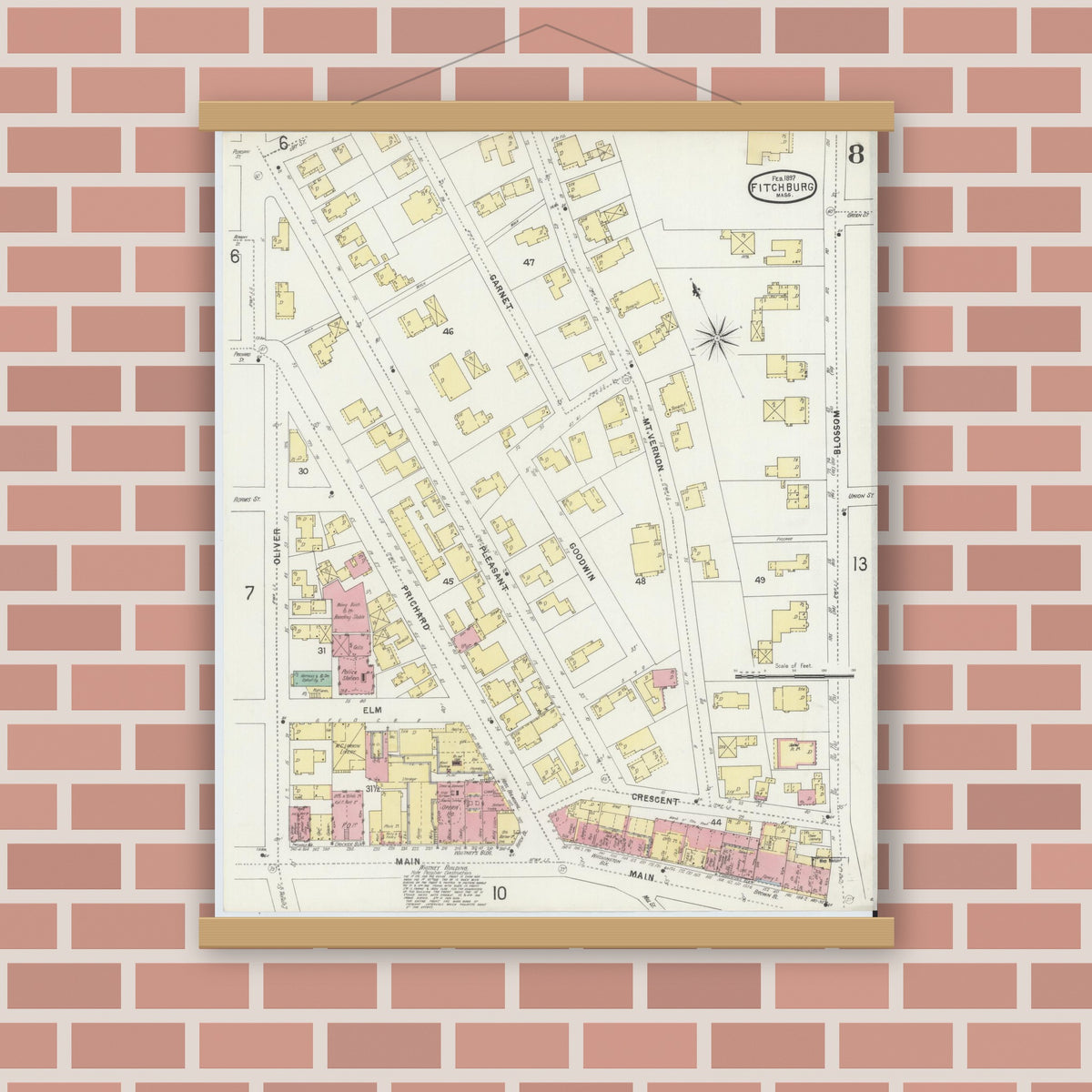 Old map wall art mockup — magnetic wood frame on brick wall — Sanborn Fire Insurance Map from Fitchburg, Worcester County, Massachusetts (1897), Sheet #0008
