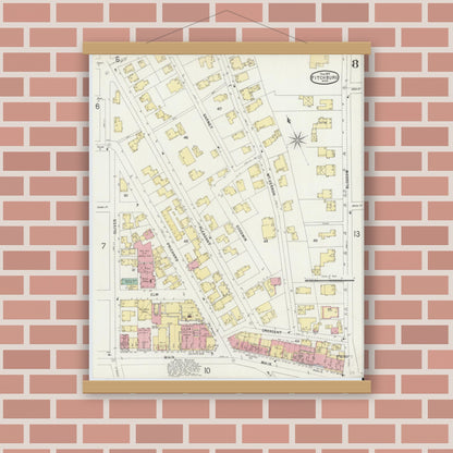 Old map wall art mockup — magnetic wood frame on brick wall — Sanborn Fire Insurance Map from Fitchburg, Worcester County, Massachusetts (1897), Sheet #0008