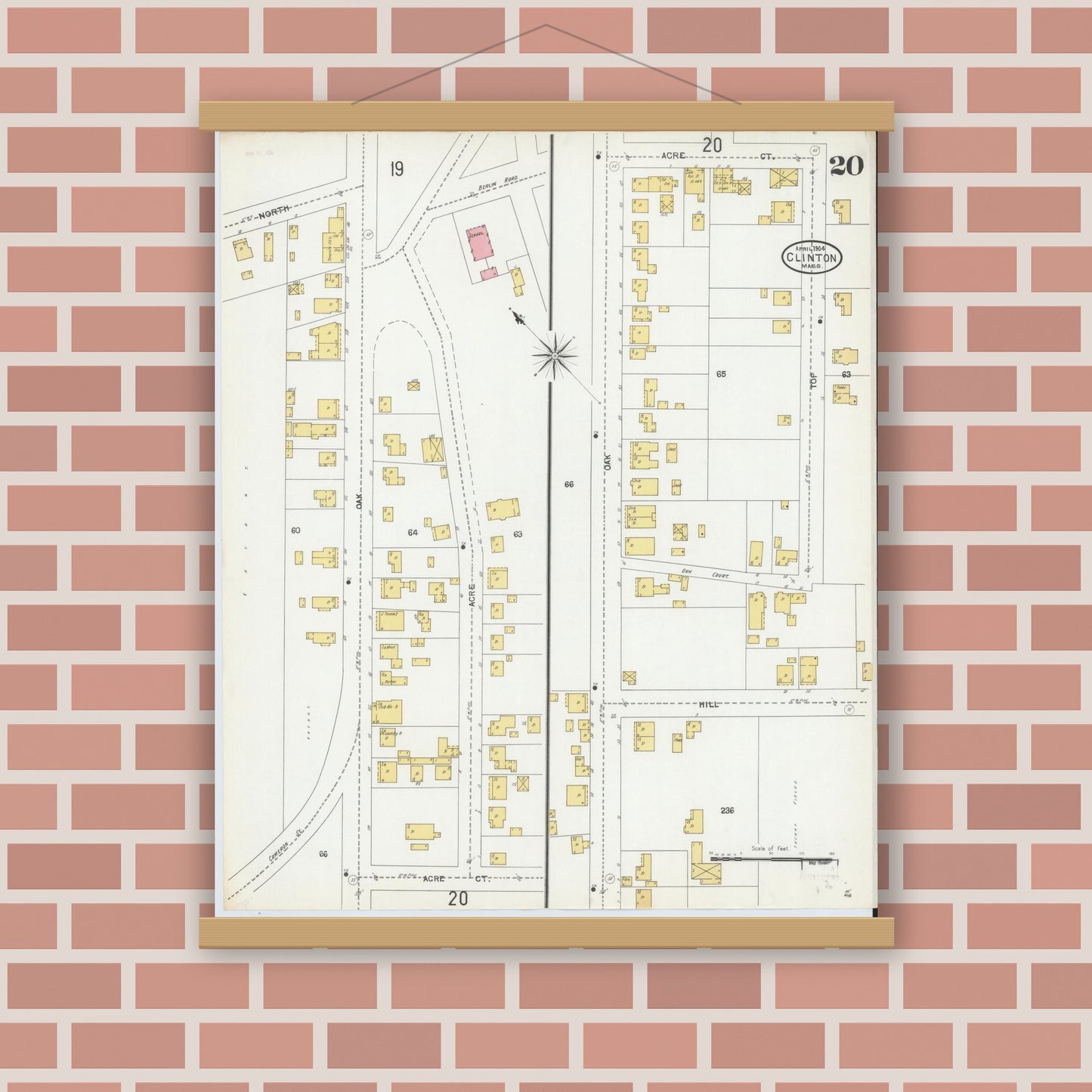 Old map wall art mockup — magnetic wood frame on brick wall — Sanborn Fire Insurance Map from Clinton, Worcester County, Massachusetts (1904), Sheet #0020